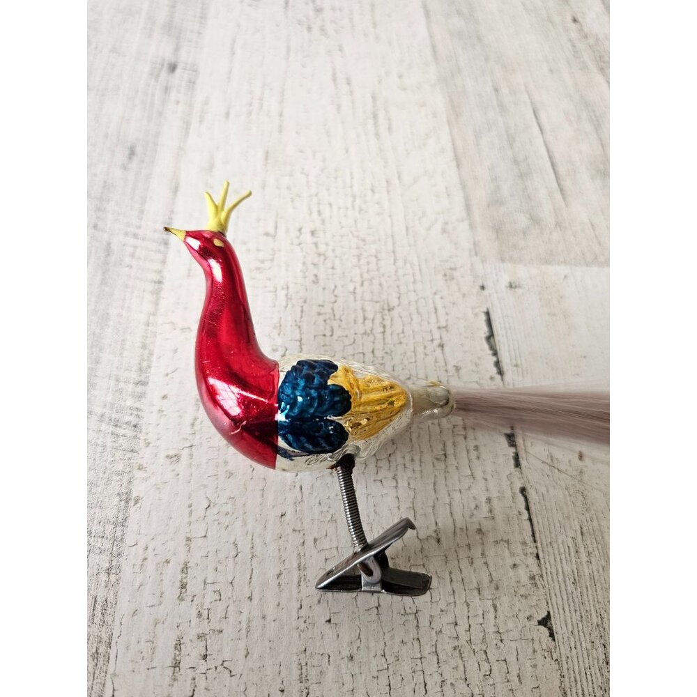 Vintage mercury glass peacock bird clip on ornament Xmas tree